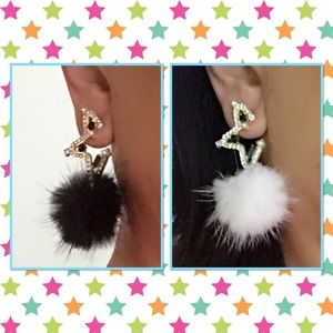 Lovely Pom faux fur ball star drop earrings